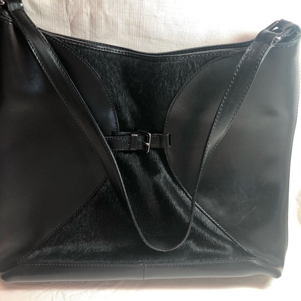 Furla Black Leather and Faux Fur Tote